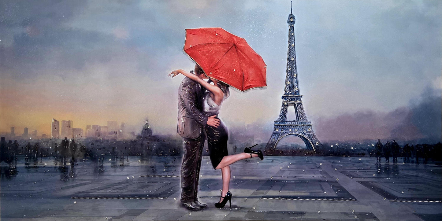 Quadro Personalizzabile Parigi su Tela – Stampa Pittorica Fatta a Mano con Swarovski e Glitter | Paesaggio Classico o Moderno