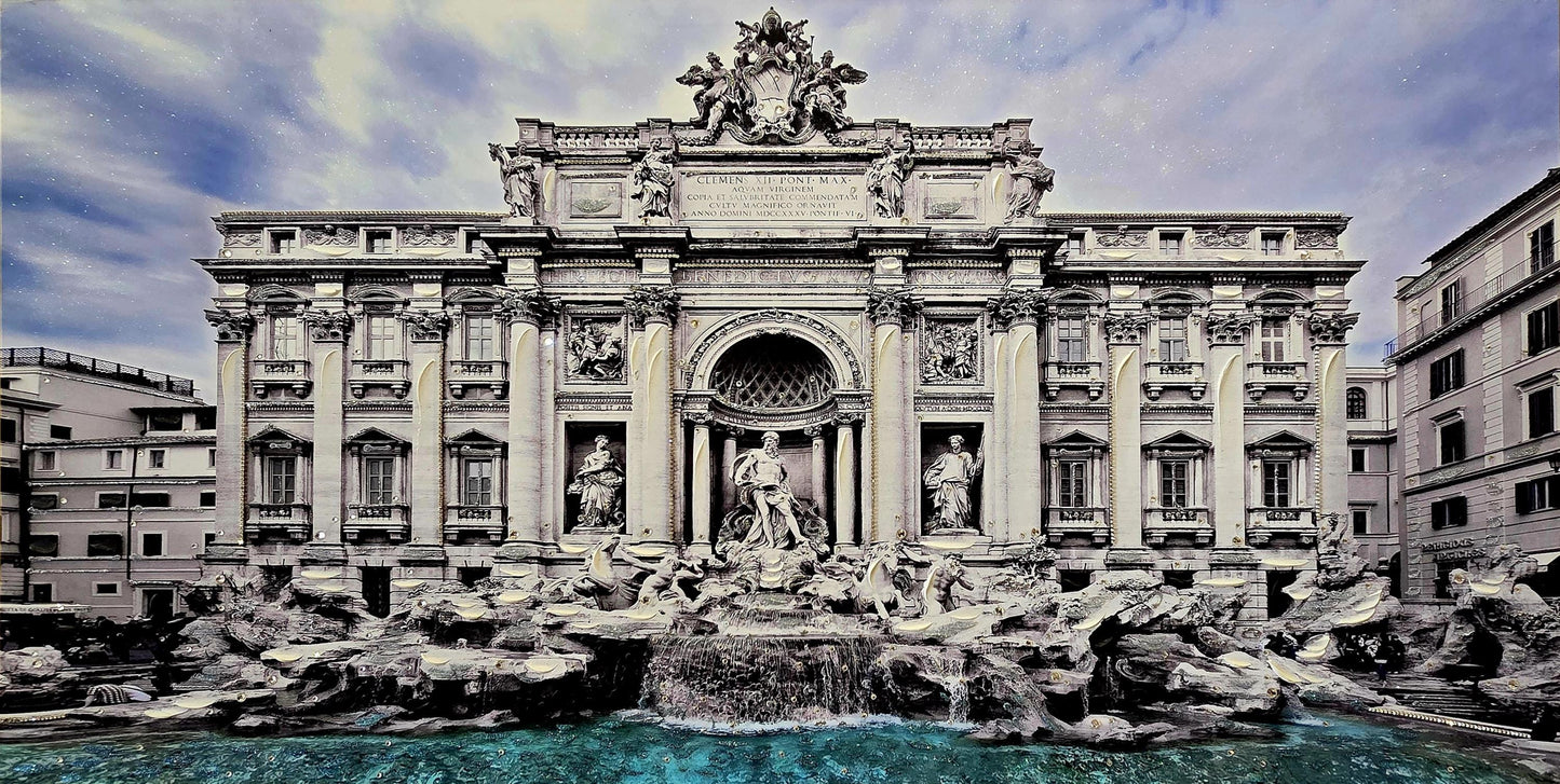 Quadro personalizzabile Roma Fontana di Trevi su Tela – Pittura Fatta a Mano con Swarovski e Glitter | Arredo casa/ufficio Classico e Moderno