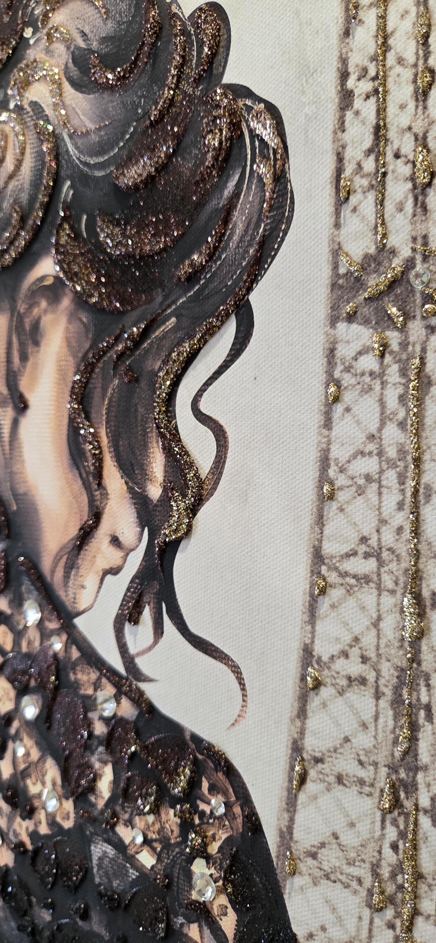 Quadro Trittico Donne 3 Pezzi – Stampa su Tela Fatta a Mano con Effetto Pittura, Swarovski e Glitter | Arredo Casa/Ufficio Moderno/Classico