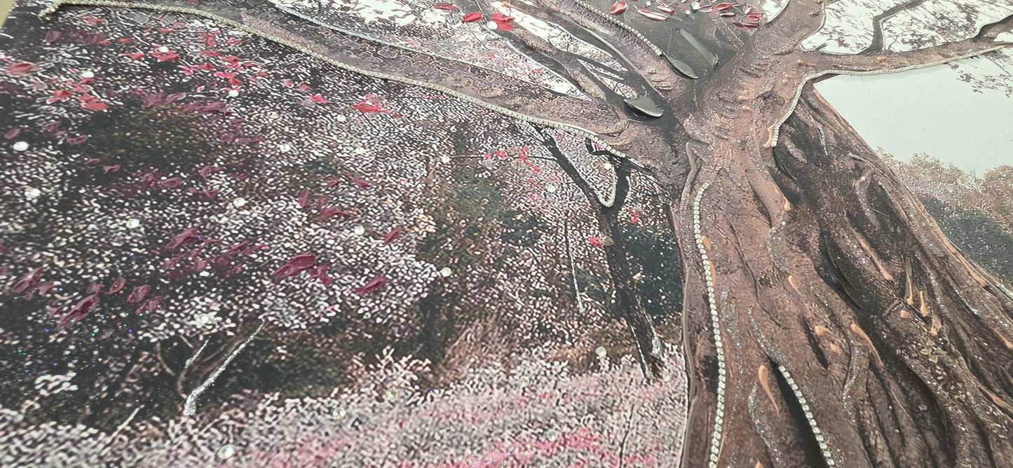 Quadro personalizzabile Albero con Altalena su Tela – Pittura Fatta a Mano con Swarovski e Glitter | Arredo casa/ufficio Classico e Moderno