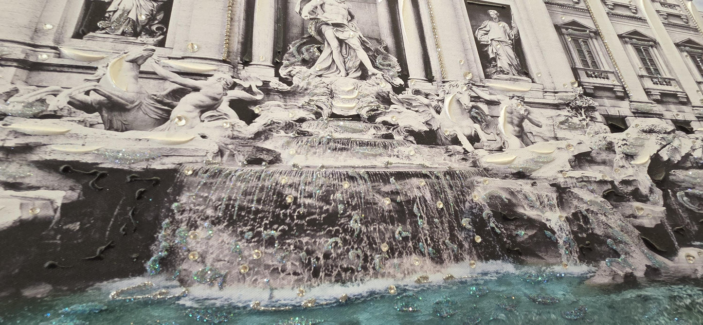 Quadro personalizzabile Roma Fontana di Trevi su Tela – Pittura Fatta a Mano con Swarovski e Glitter | Arredo casa/ufficio Classico e Moderno