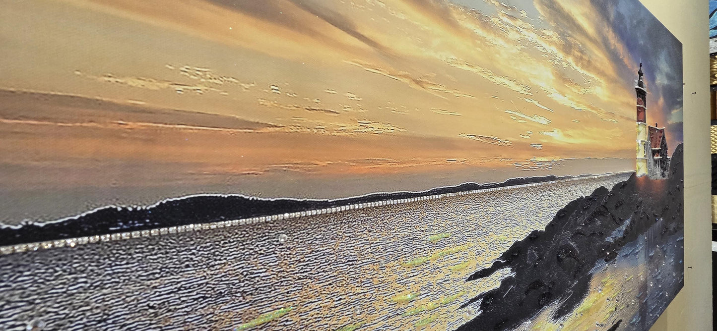 Quadro personalizzabile Faro sul mare su Tela – Pittura Fatta a Mano con Swarovski e Glitter | Arredo casa/ufficio Classico e Moderno