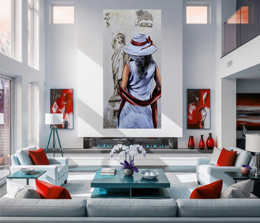 Quadro personalizzabile Donna figurativo New York su Tela – Pittura Fatta a Mano con Swarovski e Glitter | Arredo casa/ufficio Classico e Moderno