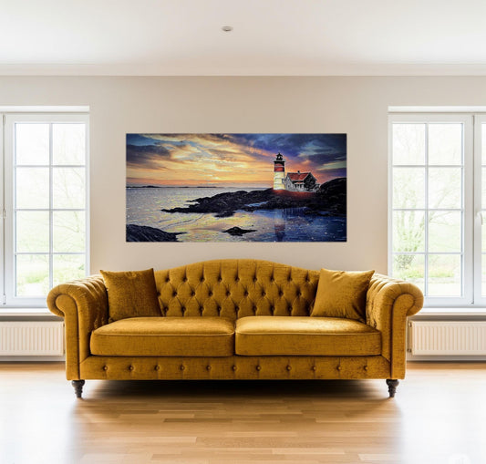 Quadro personalizzabile Faro sul mare su Tela – Pittura Fatta a Mano con Swarovski e Glitter | Arredo casa/ufficio Classico e Moderno