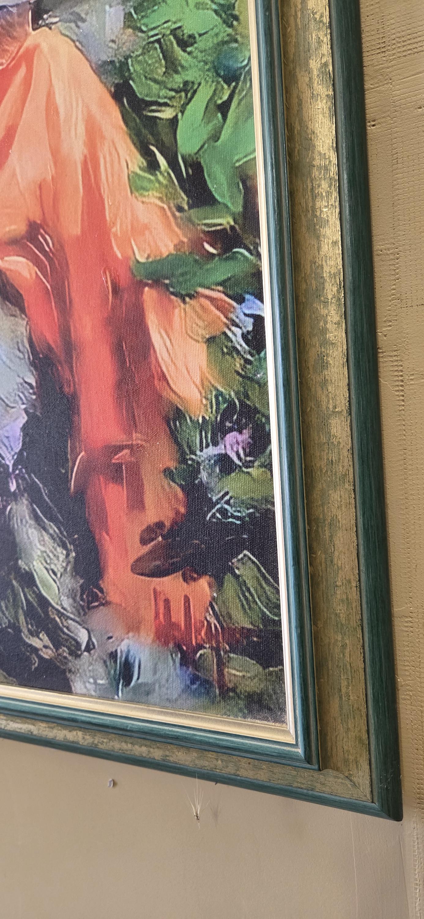 Quadro Ragazza che legge e cornice decape' verde foglio oro a spatola – Stampa su Tela Effetto Pittura a Mano | Arredo Casa Moderno/Classico