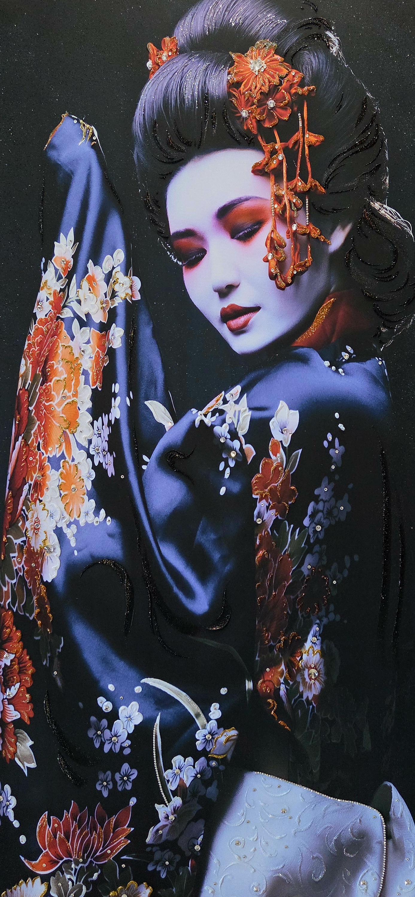 Quadro personalizzabile Geisha su Tela – Pittura Fatta a Mano con Swarovski e Glitter | Arredo casa/ufficio Classico e Moderno
