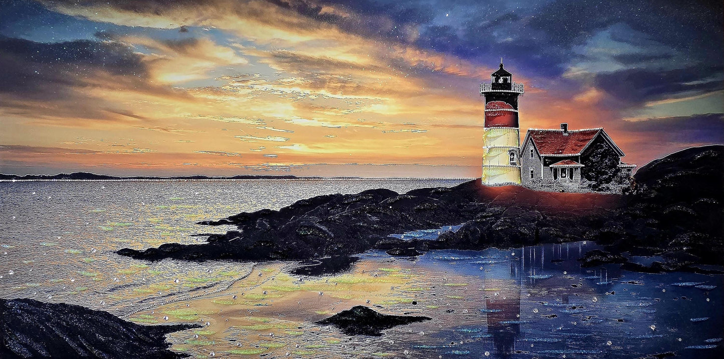 Quadro personalizzabile Faro sul mare su Tela – Pittura Fatta a Mano con Swarovski e Glitter | Arredo casa/ufficio Classico e Moderno