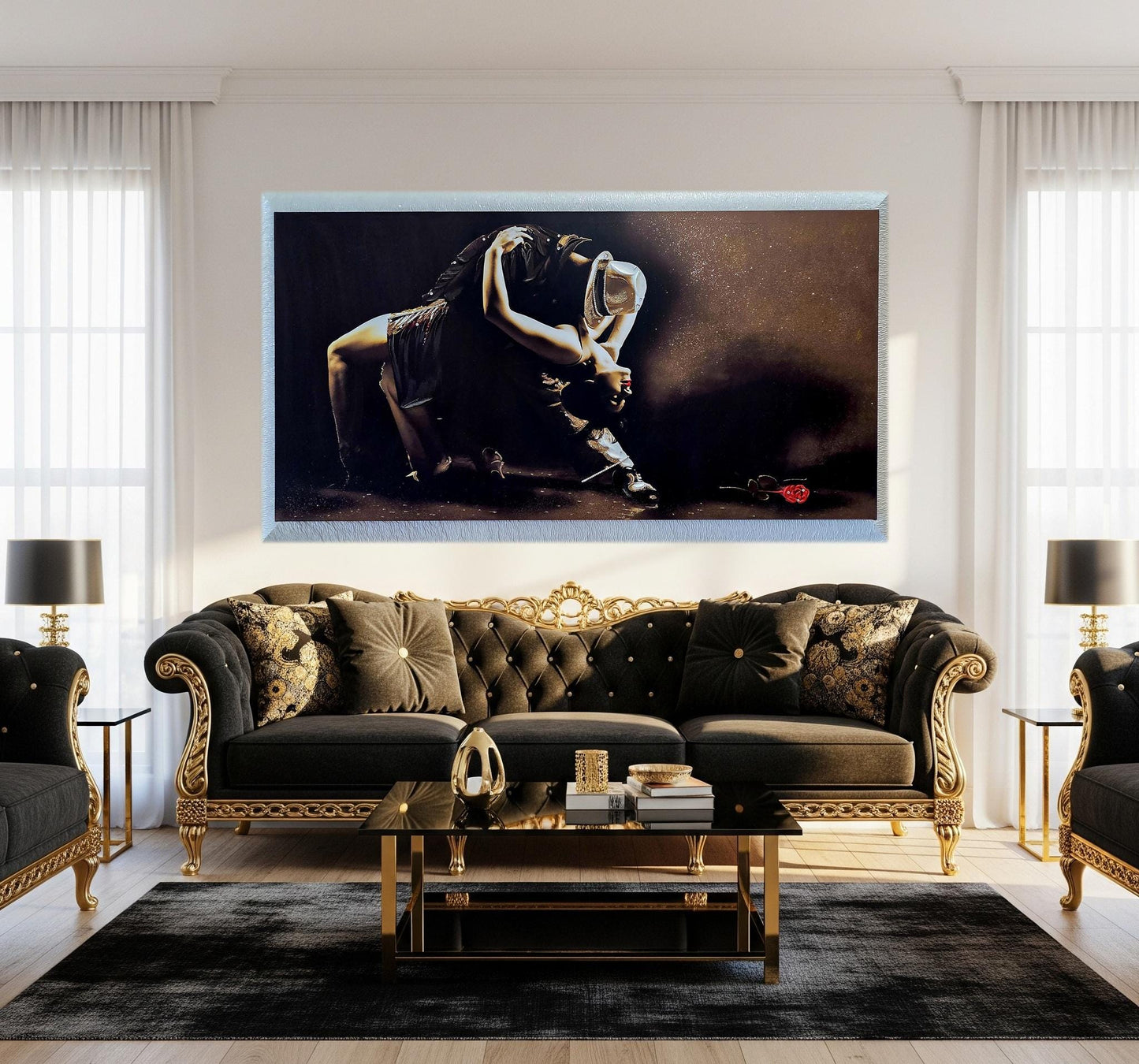 Quadro stampa su tela pittura ballerini tango arredo ballo classico moderno swarovsky glitter brillantinato con cornice decape' bianco brill