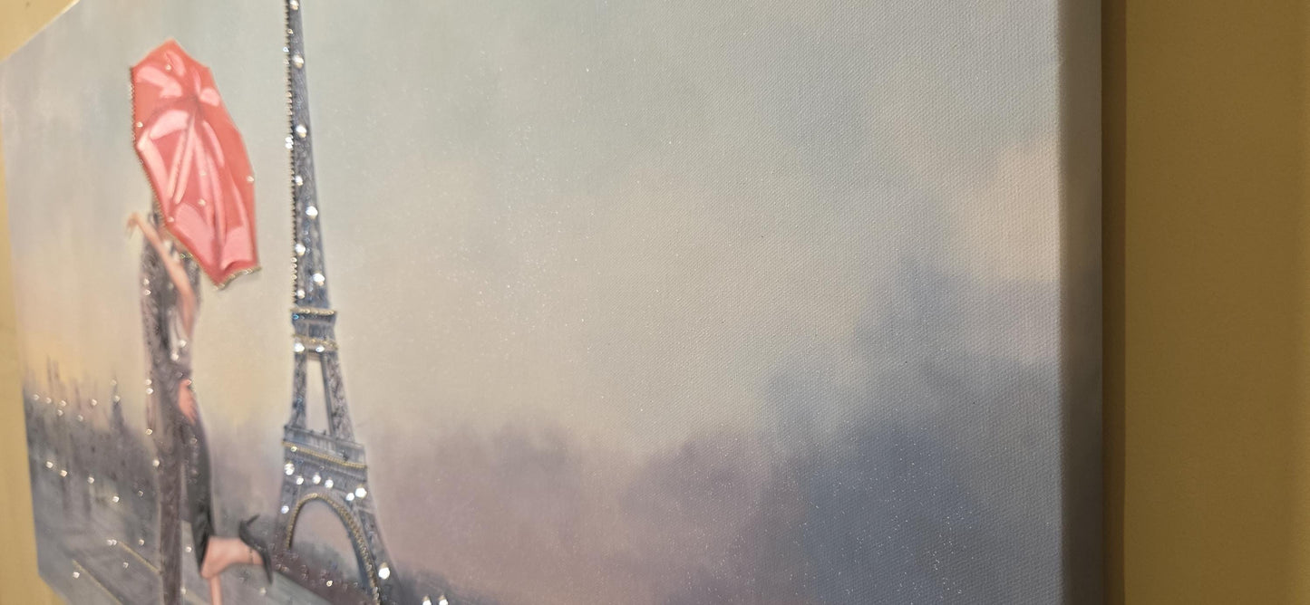 Quadro Personalizzabile Parigi su Tela – Stampa Pittorica Fatta a Mano con Swarovski e Glitter | Paesaggio Classico o Moderno