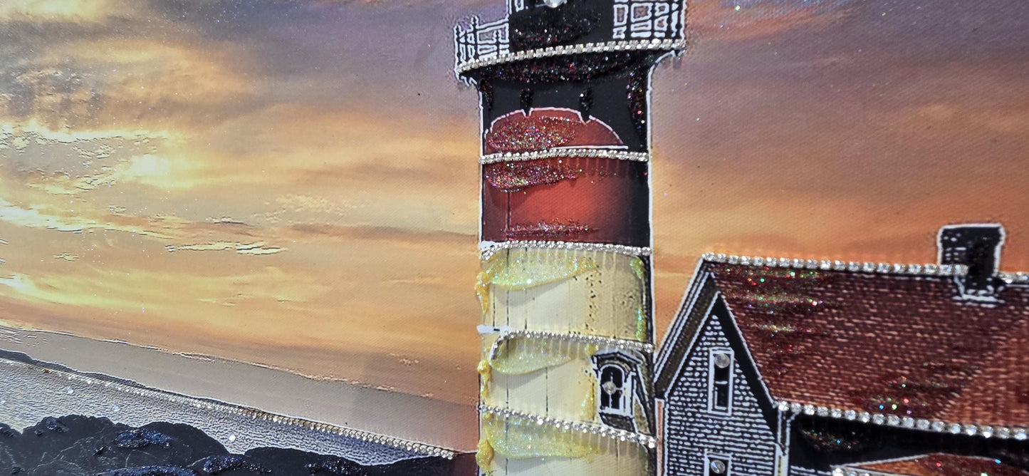 Quadro personalizzabile Faro sul mare su Tela – Pittura Fatta a Mano con Swarovski e Glitter | Arredo casa/ufficio Classico e Moderno