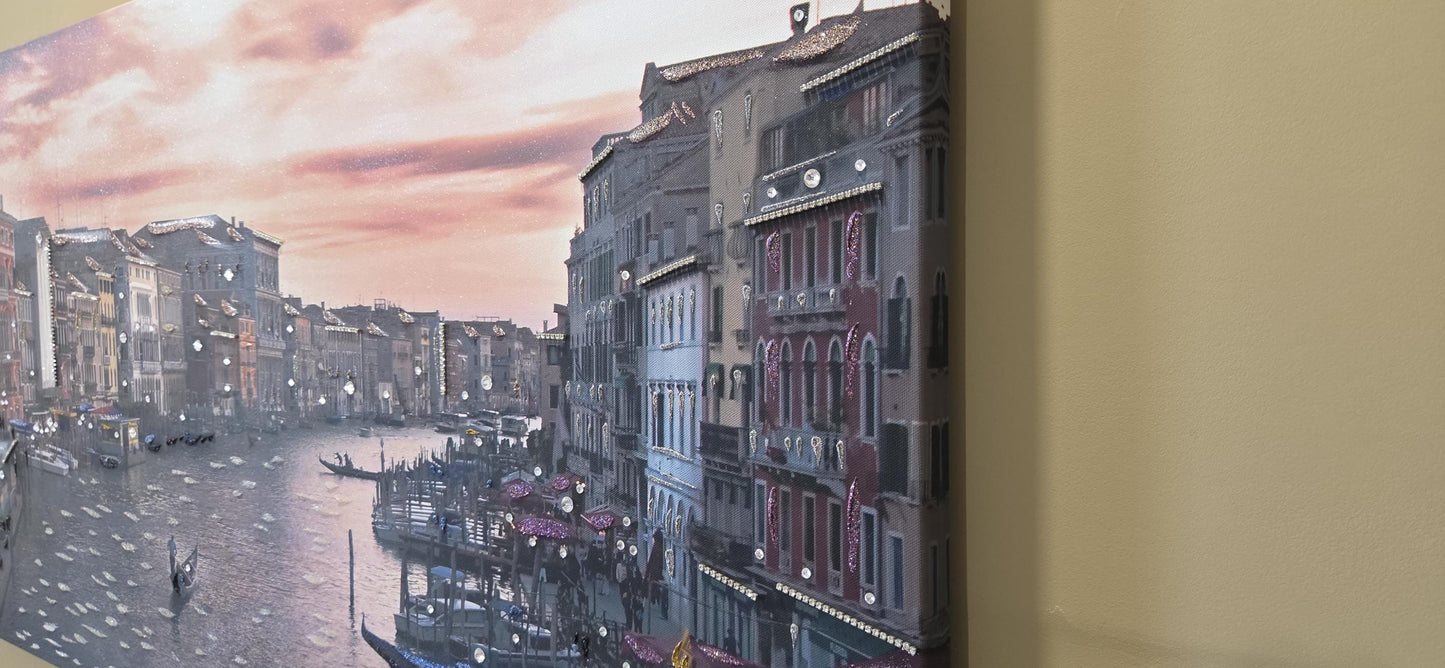 Quadro Personalizzabile Venezia su Tela – Stampa Pittorica Fatta a Mano con Swarovski e Glitter | Paesaggio Classico o Moderno