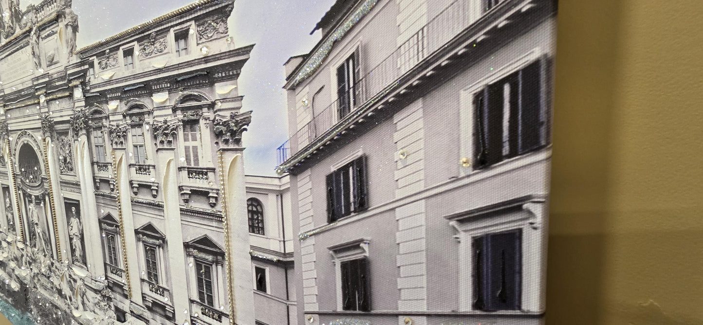 Quadro personalizzabile Roma Fontana di Trevi su Tela – Pittura Fatta a Mano con Swarovski e Glitter | Arredo casa/ufficio Classico e Moderno