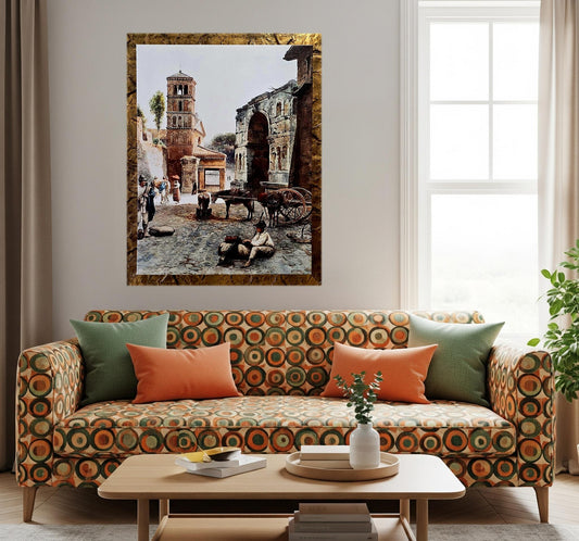 Quadro personalizzabile Borgo Roma sparita con cornice oro su Tela – Pittura Fatta a Mano con Swarovski e Glitter | Arredo casa/ufficio Classico e Moderno