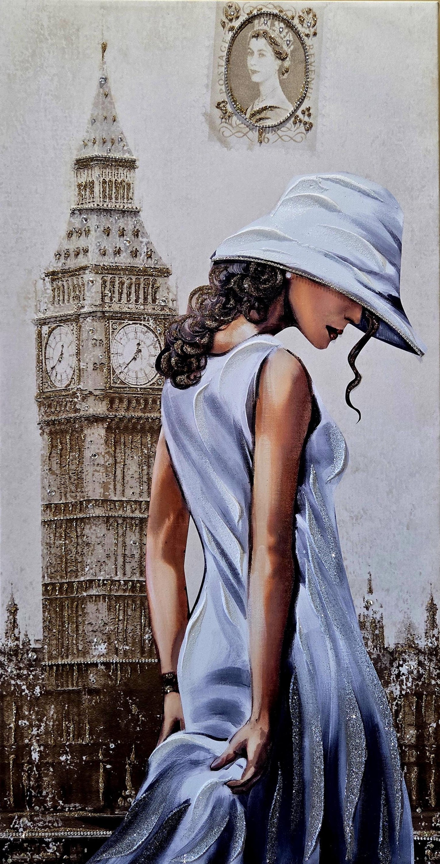 Quadro personalizzabile Donna figurativo Londra su Tela – Pittura Fatta a Mano con Swarovski e Glitter | Arredo casa/ufficio Classico e Moderno