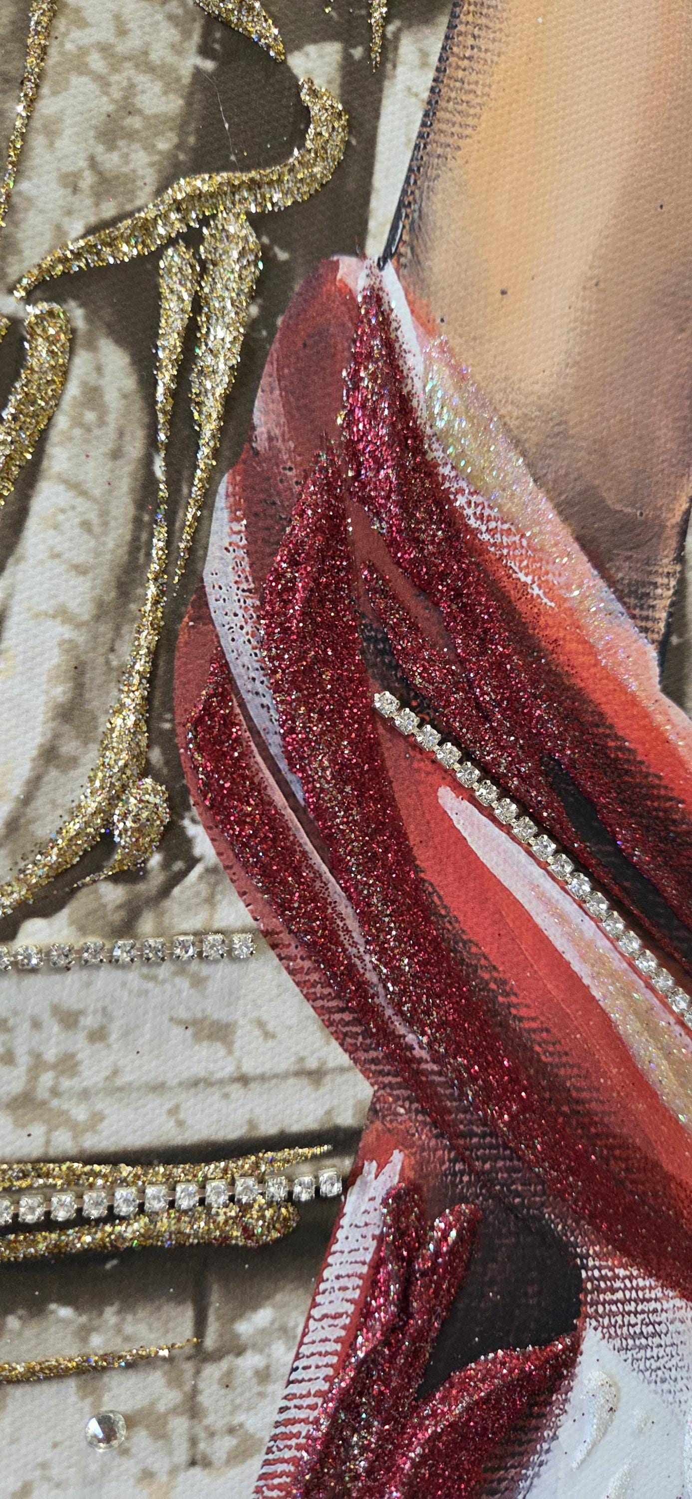 Quadro Trittico Donne 3 Pezzi – Stampa su Tela Fatta a Mano con Effetto Pittura, Swarovski e Glitter | Arredo Casa/Ufficio Moderno/Classico