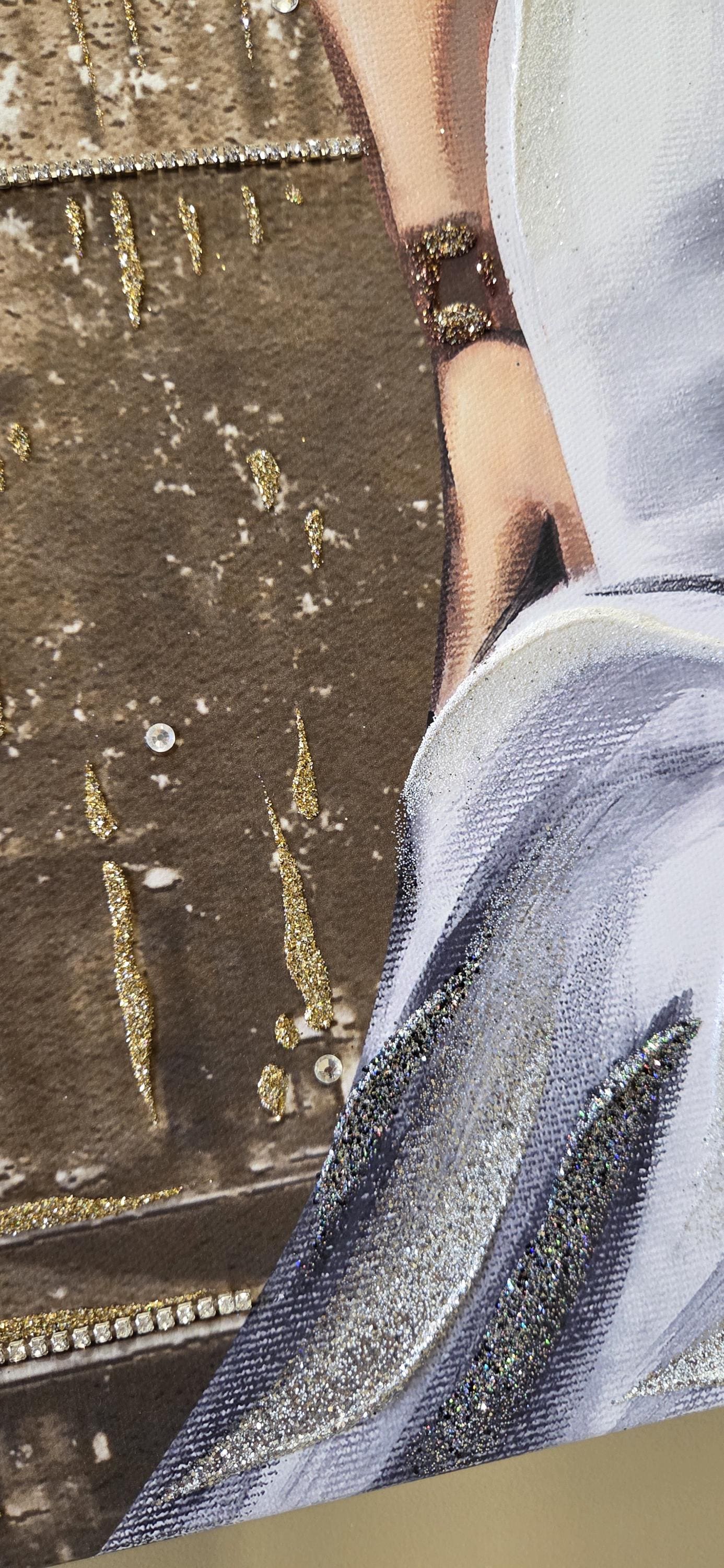 Quadro personalizzabile Donna figurativo Londra su Tela – Pittura Fatta a Mano con Swarovski e Glitter | Arredo casa/ufficio Classico e Moderno