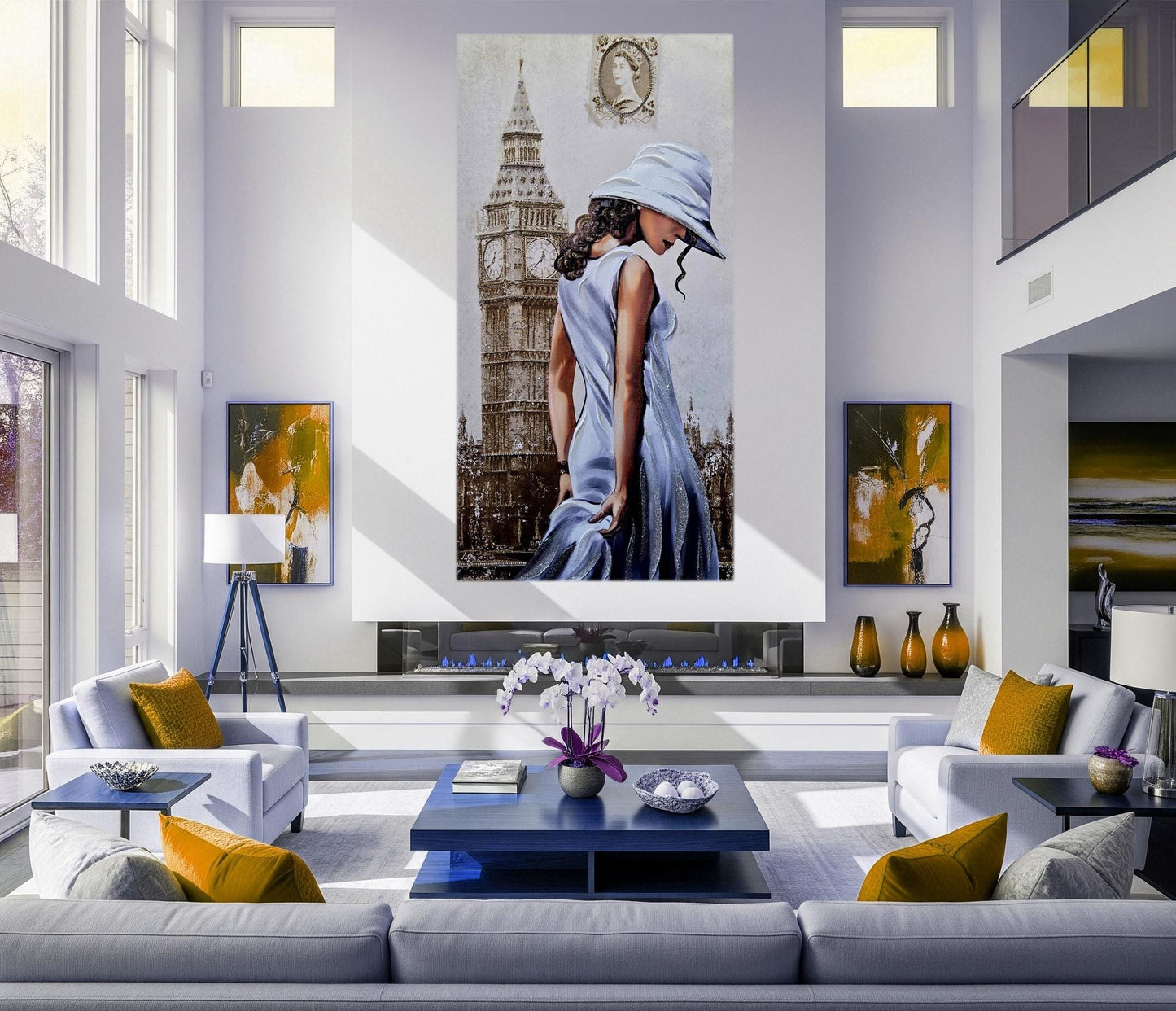 Quadro personalizzabile Donna figurativo Londra su Tela – Pittura Fatta a Mano con Swarovski e Glitter | Arredo casa/ufficio Classico e Moderno