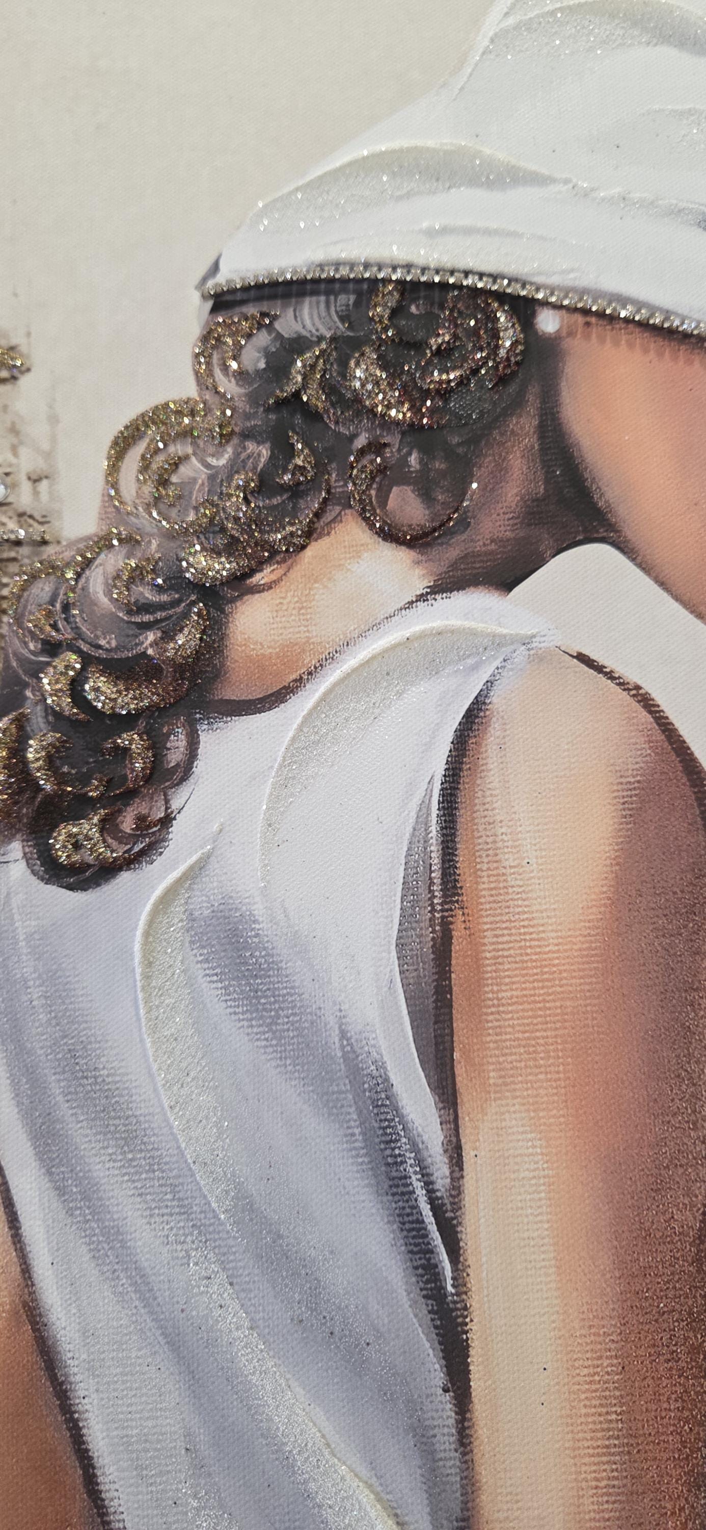 Quadro Trittico Donne 3 Pezzi – Stampa su Tela Fatta a Mano con Effetto Pittura, Swarovski e Glitter | Arredo Casa/Ufficio Moderno/Classico