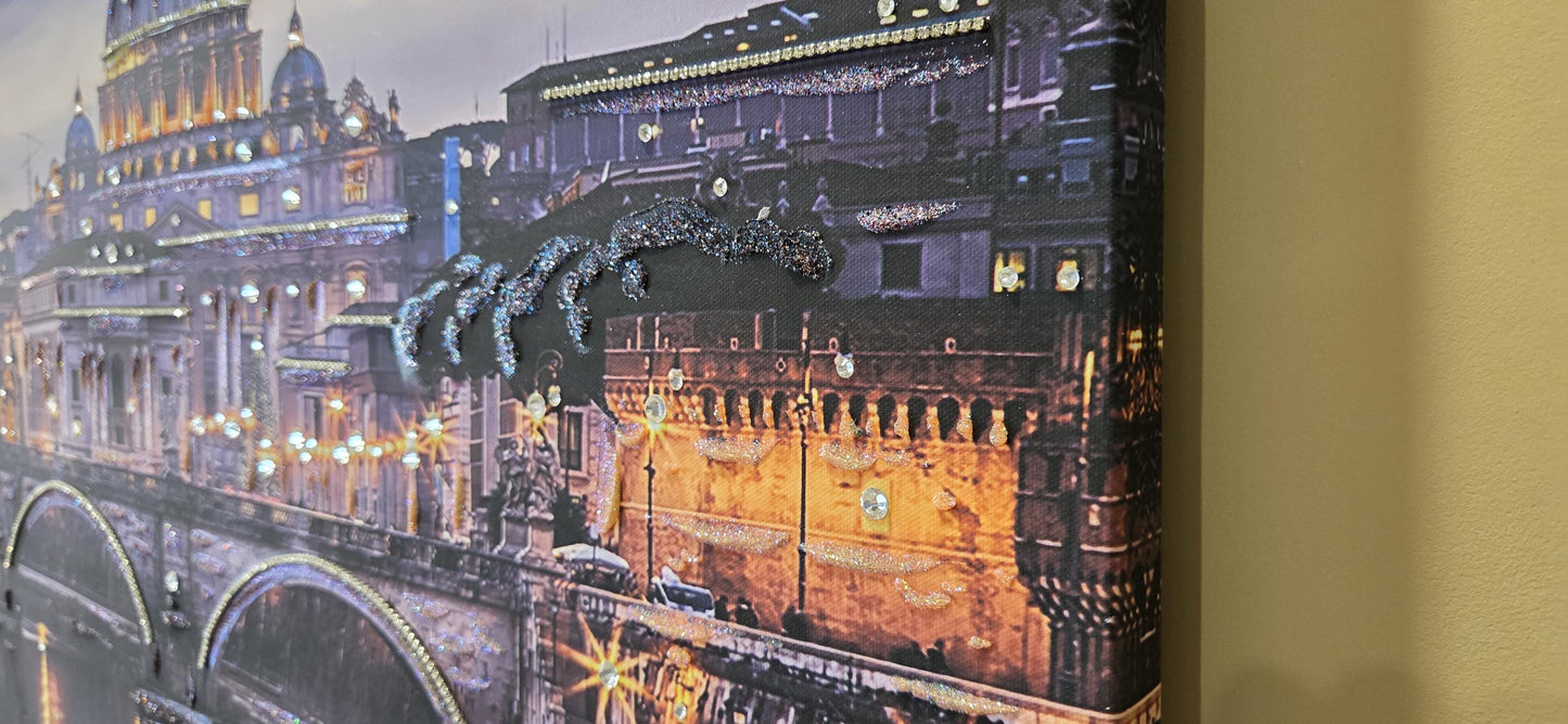 Quadro personalizzabile Roma su Tela 70x140 – Stampa Pittorica Fatta a Mano con Swarovski e Glitter | Arredo casa Classico e Moderno