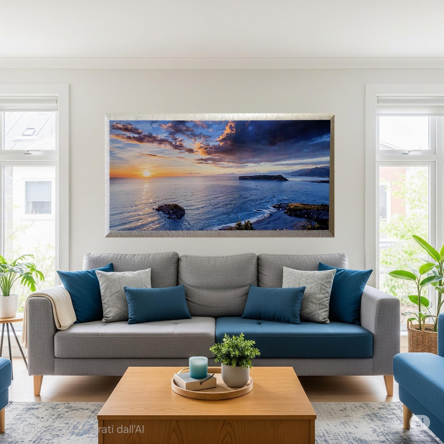 Quadro personalizzabile Mare su Tela con cornice decapè argento – Fatta a Mano con Swarovski e Glitter | Arredo casa/ufficio Classico e Moderno