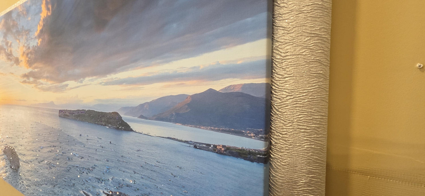 Quadro personalizzabile Mare su Tela con cornice decapè argento – Fatta a Mano con Swarovski e Glitter | Arredo casa/ufficio Classico e Moderno