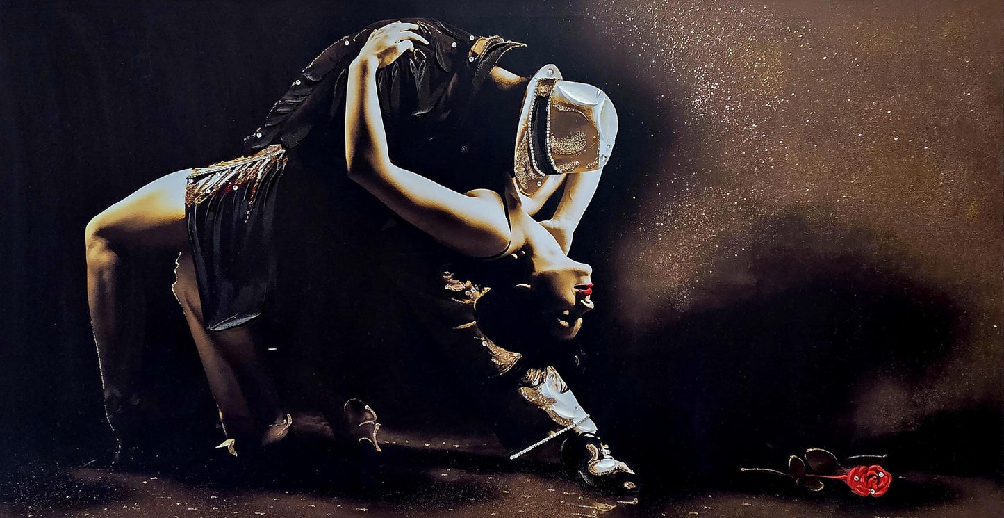 Quadro stampa su tela pittura ballerini tango arredo ballo classico moderno swarovsky glitter brillantinato con cornice decape' bianco brill