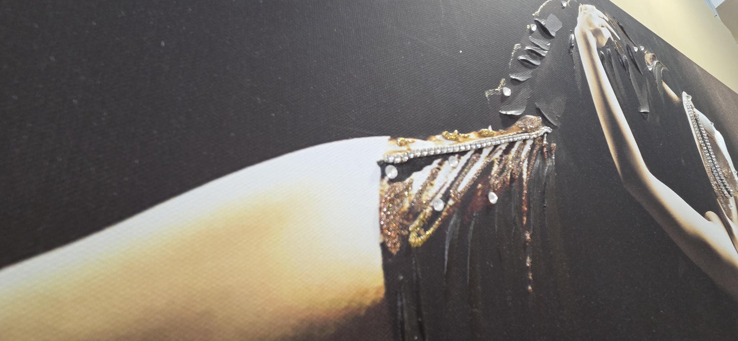 Quadro stampa su tela pittura ballerini tango arredo ballo classico moderno swarovsky glitter brillantinato con cornice decape' bianco brill