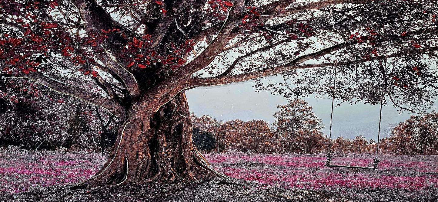 Quadro personalizzabile Albero con Altalena su Tela – Pittura Fatta a Mano con Swarovski e Glitter | Arredo casa/ufficio Classico e Moderno