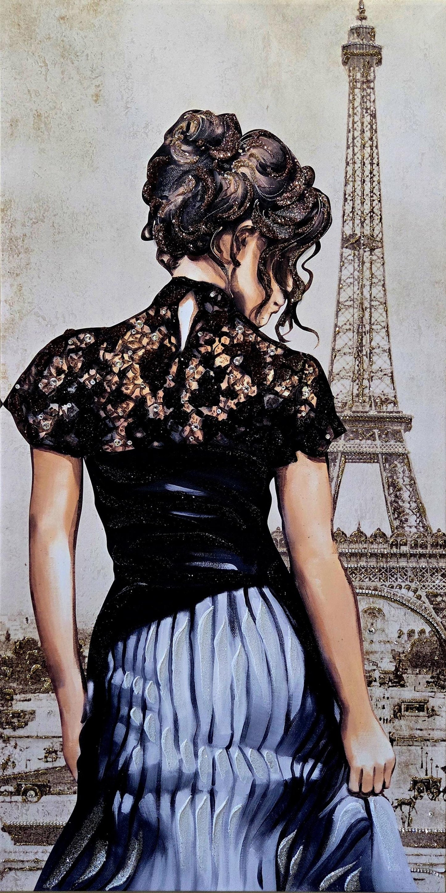 Quadro personalizzabile Donna figurativo Parigi su Tela – Pittura Fatta a Mano con Swarovski e Glitter | Arredo casa/ufficio Classico e Moderno