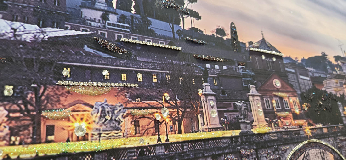 Quadro personalizzabile Roma su Tela 70x140 – Stampa Pittorica Fatta a Mano con Swarovski e Glitter | Arredo casa Classico e Moderno