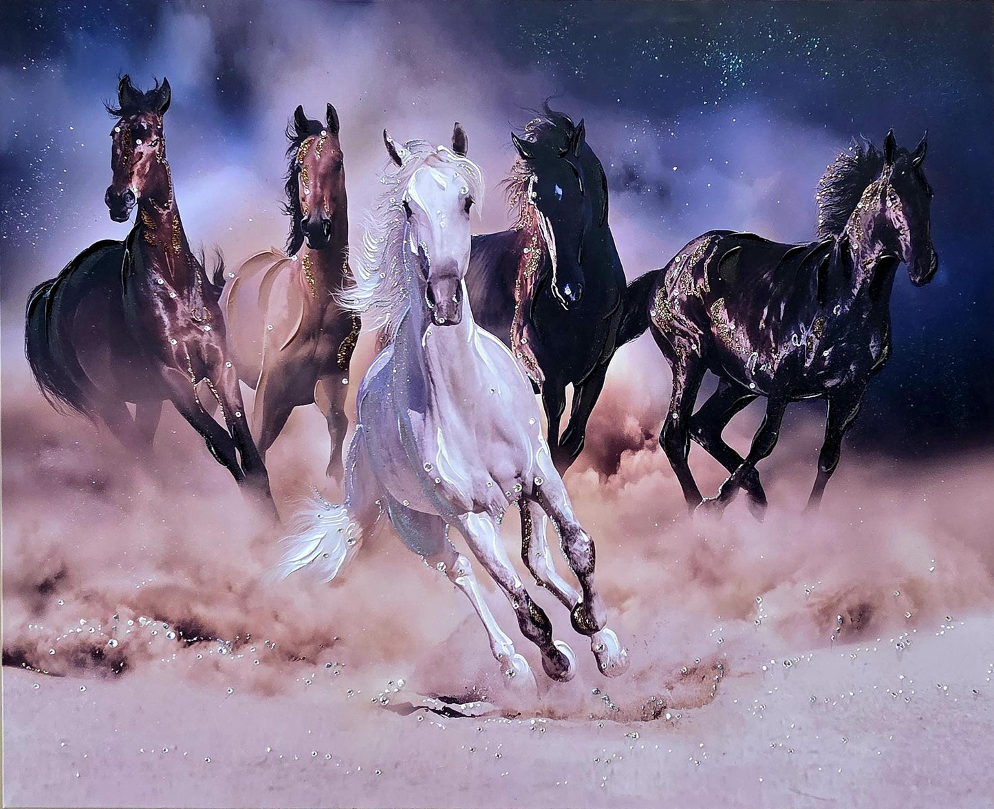 Quadro Personalizzabile Cavalli su Tela – Stampa Pittorica Fatta a Mano con Swarovski e Glitter | Arredo casa Classico o Moderno