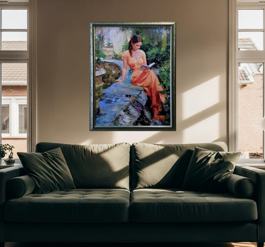 Quadro Ragazza che legge e cornice decape' verde foglio oro a spatola – Stampa su Tela Effetto Pittura a Mano | Arredo Casa Moderno/Classico