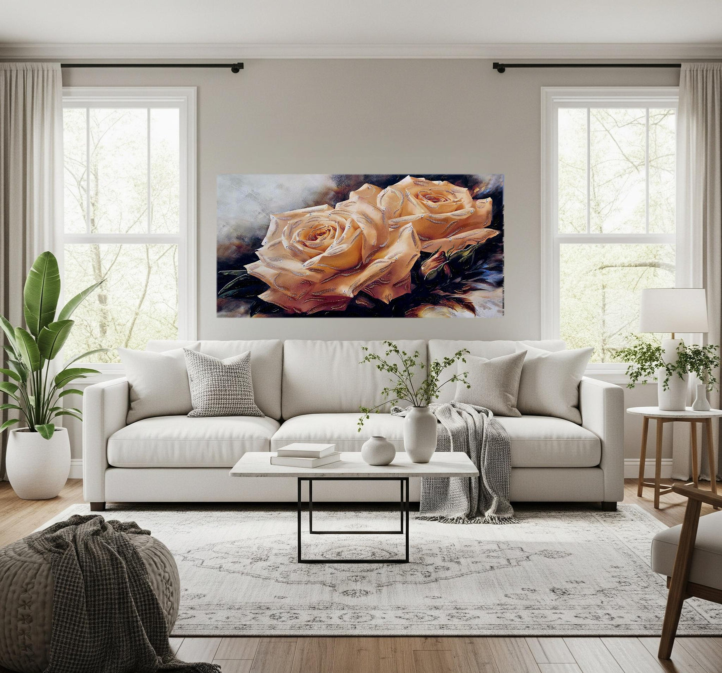 Quadro personalizzabile Rose su Tela – Pittura Fatta a Mano con Swarovski e Glitter | Arredo casa/ufficio Classico e Moderno