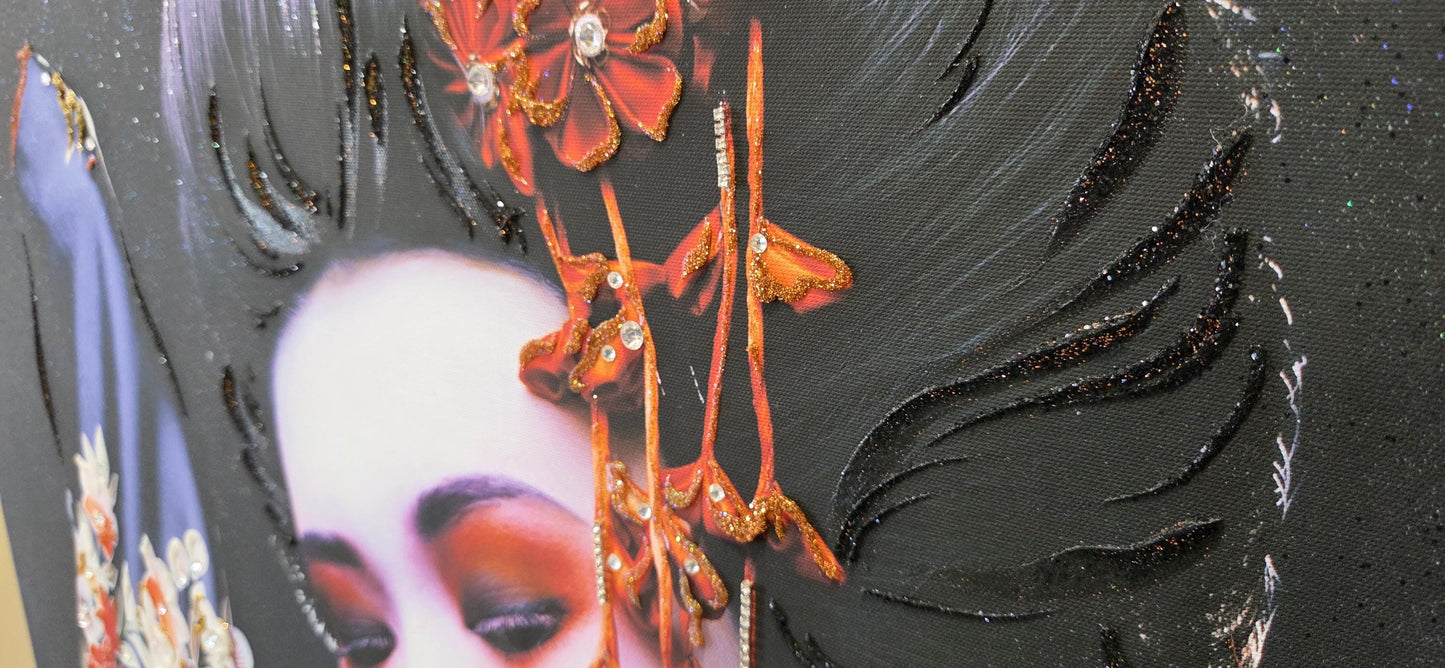 Quadro personalizzabile Geisha su Tela – Pittura Fatta a Mano con Swarovski e Glitter | Arredo casa/ufficio Classico e Moderno