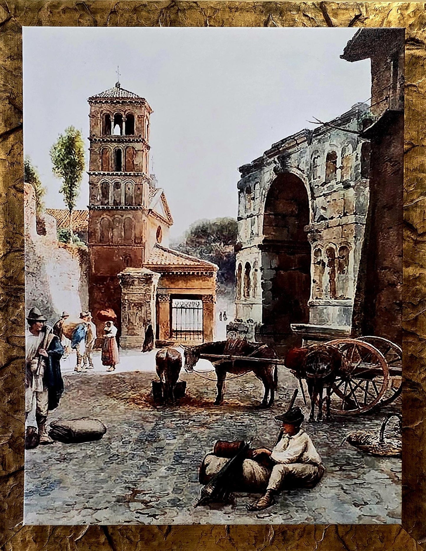 Quadro personalizzabile Borgo Roma sparita con cornice oro su Tela – Pittura Fatta a Mano con Swarovski e Glitter | Arredo casa/ufficio Classico e Moderno