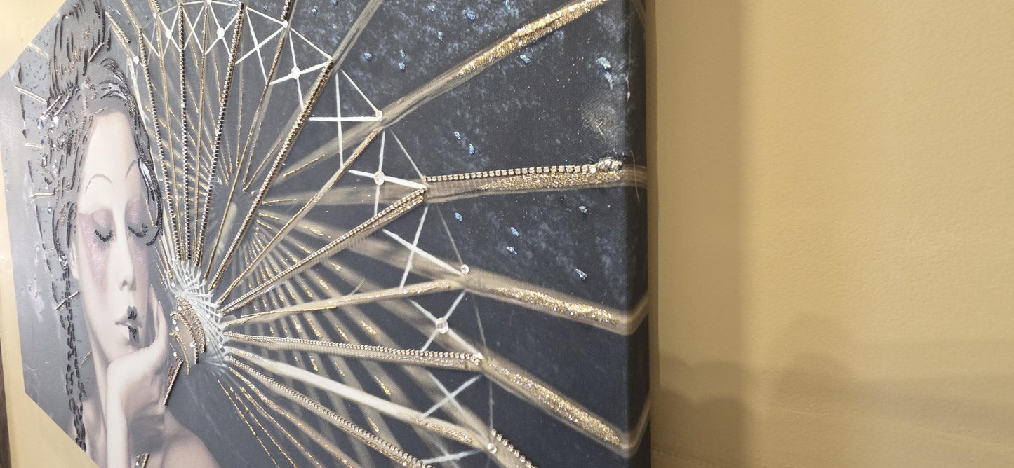 Quadro personalizzabile Donna orientale su Tela – Pittura Fatta a Mano con Swarovski e Glitter | Arredo casa/ufficio Classico e Moderno