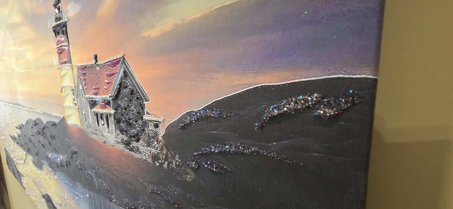 Quadro personalizzabile Faro sul mare su Tela – Pittura Fatta a Mano con Swarovski e Glitter | Arredo casa/ufficio Classico e Moderno