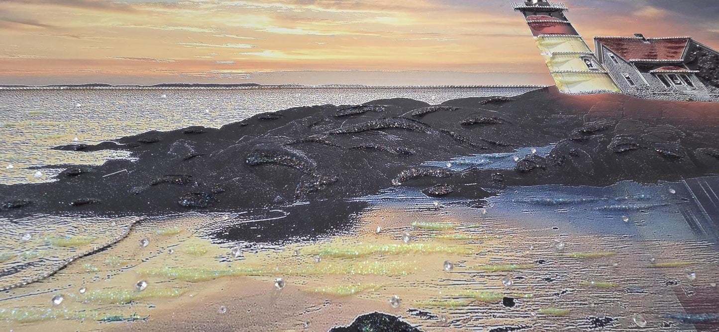 Quadro personalizzabile Faro sul mare su Tela – Pittura Fatta a Mano con Swarovski e Glitter | Arredo casa/ufficio Classico e Moderno