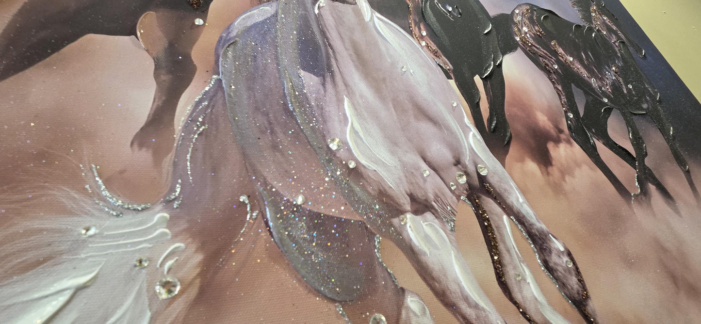 Quadro Personalizzabile Cavalli su Tela – Stampa Pittorica Fatta a Mano con Swarovski e Glitter | Arredo casa Classico o Moderno