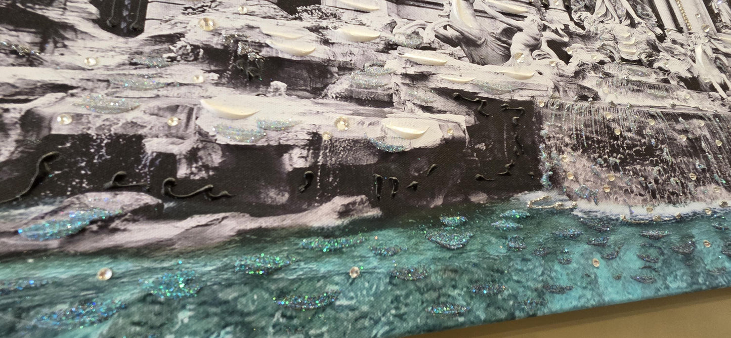 Quadro personalizzabile Roma Fontana di Trevi su Tela – Pittura Fatta a Mano con Swarovski e Glitter | Arredo casa/ufficio Classico e Moderno