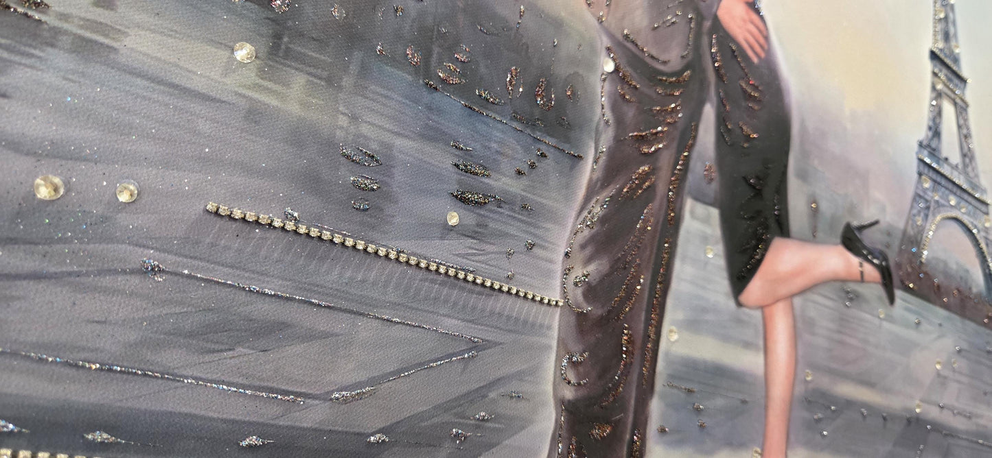 Quadro Personalizzabile Parigi su Tela – Stampa Pittorica Fatta a Mano con Swarovski e Glitter | Paesaggio Classico o Moderno