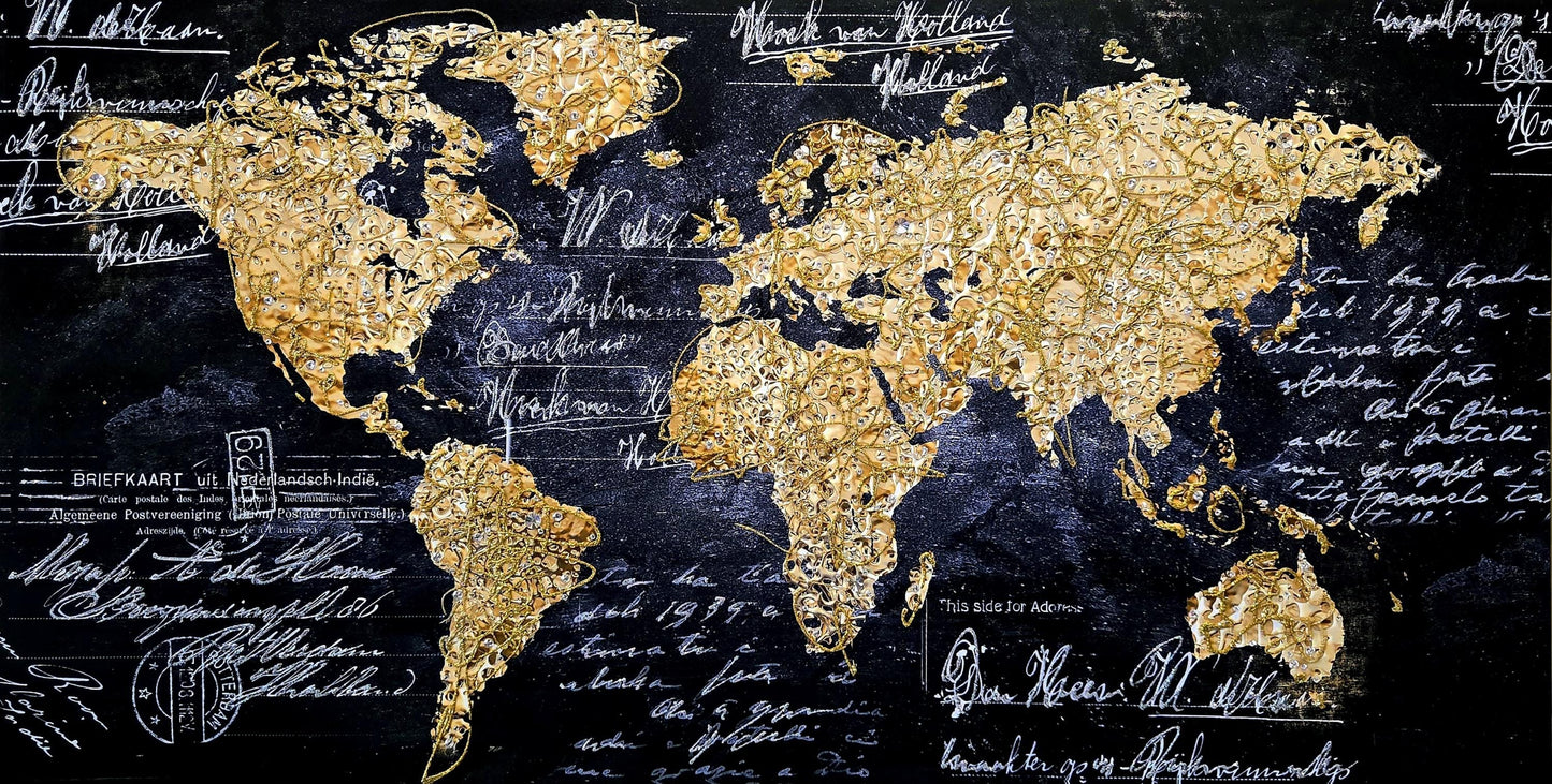 Quadro personalizzabile Mondo su Tela 70x140 – Stampa Pittorica Emisfero con Swarovski e Glitter | Aredo casa/ufficio Classico e Moderno