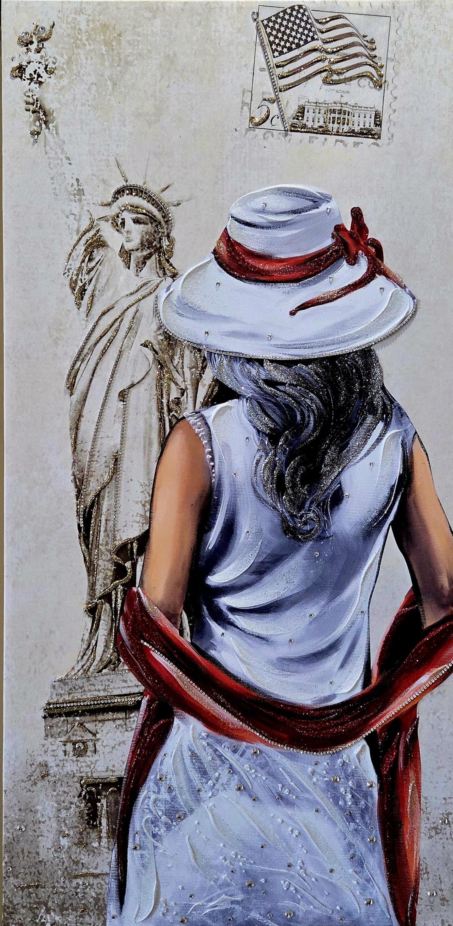 Quadro personalizzabile Donna figurativo New York su Tela – Pittura Fatta a Mano con Swarovski e Glitter | Arredo casa/ufficio Classico e Moderno