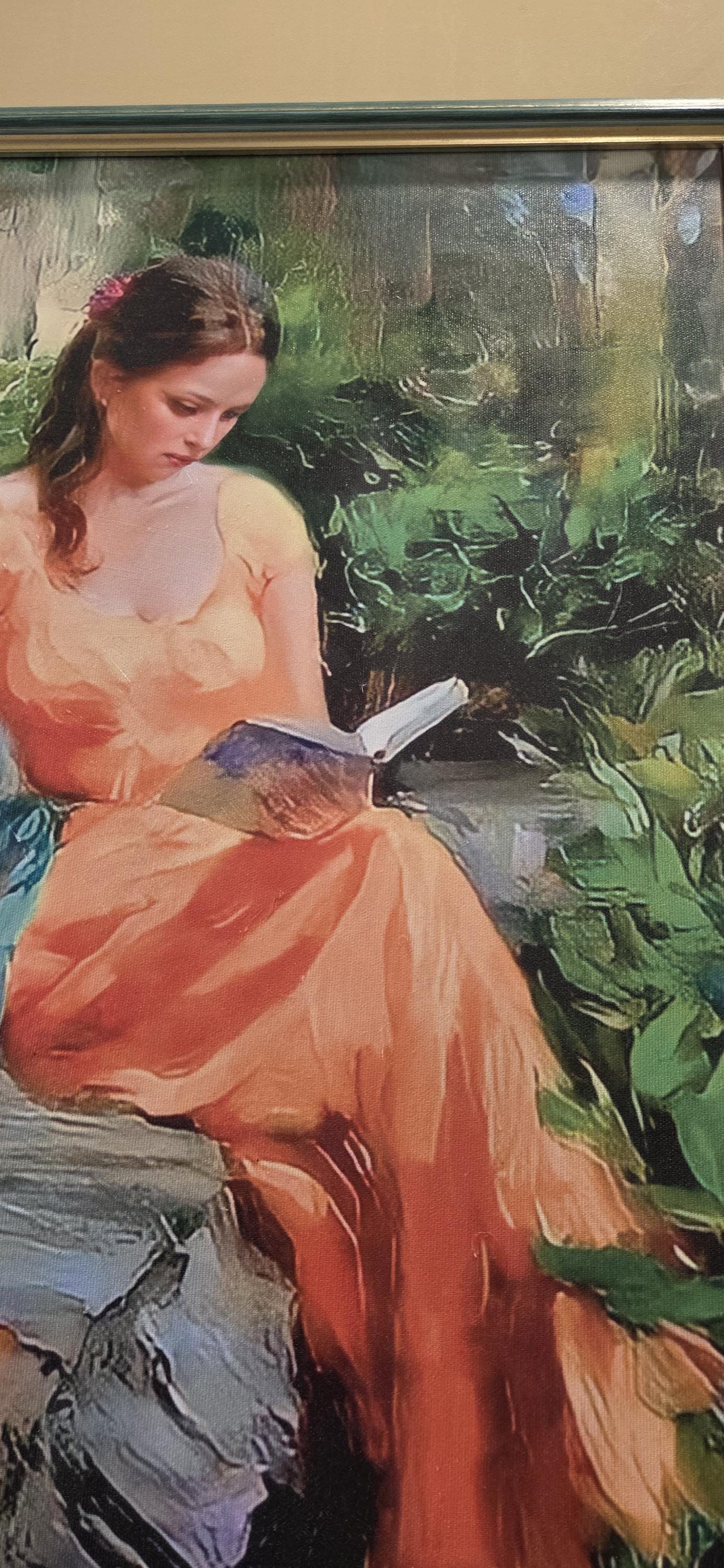 Quadro Ragazza che legge e cornice decape' verde foglio oro a spatola – Stampa su Tela Effetto Pittura a Mano | Arredo Casa Moderno/Classico