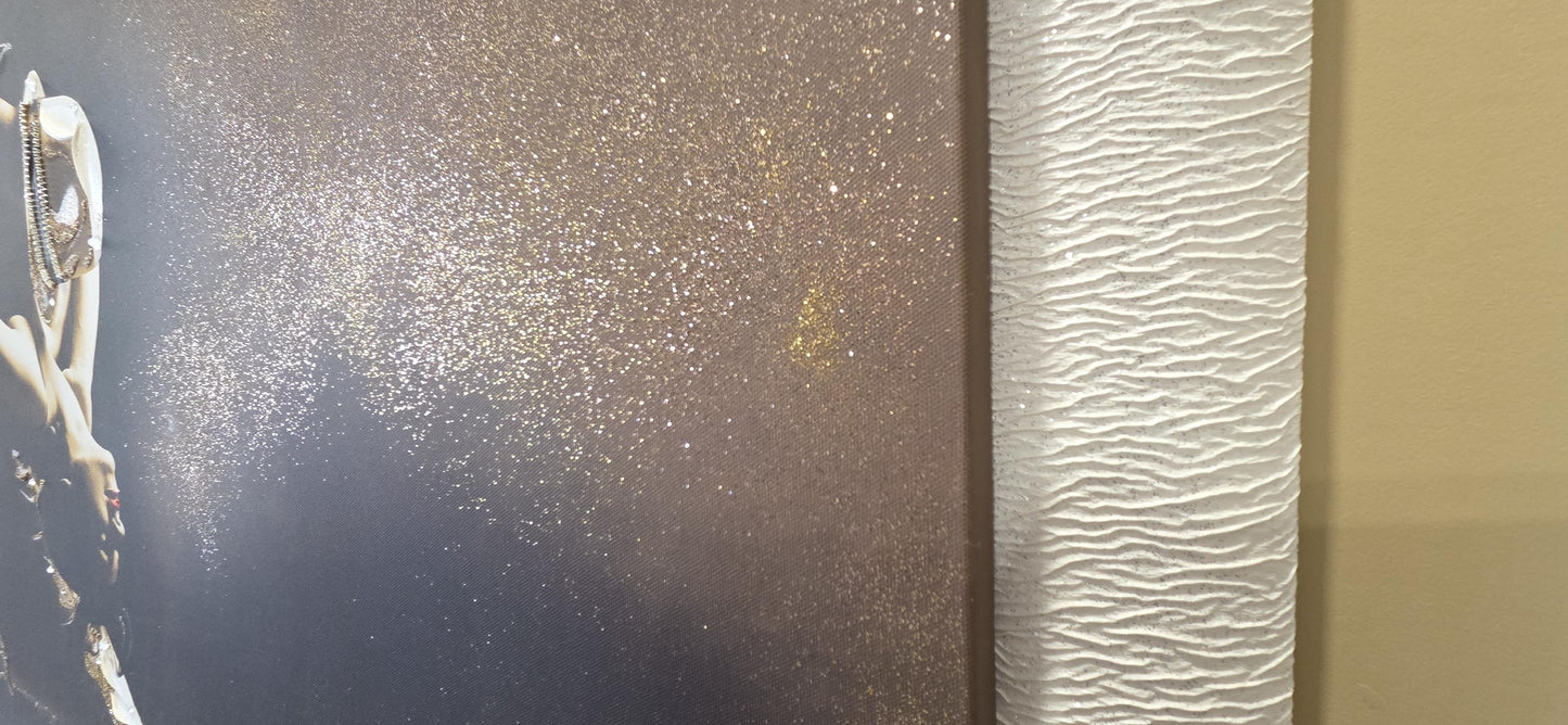 Quadro stampa su tela pittura ballerini tango arredo ballo classico moderno swarovsky glitter brillantinato con cornice decape' bianco brill