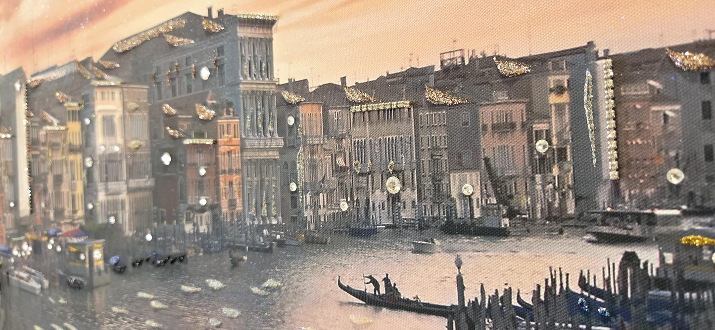 Quadro Personalizzabile Venezia su Tela – Stampa Pittorica Fatta a Mano con Swarovski e Glitter | Paesaggio Classico o Moderno