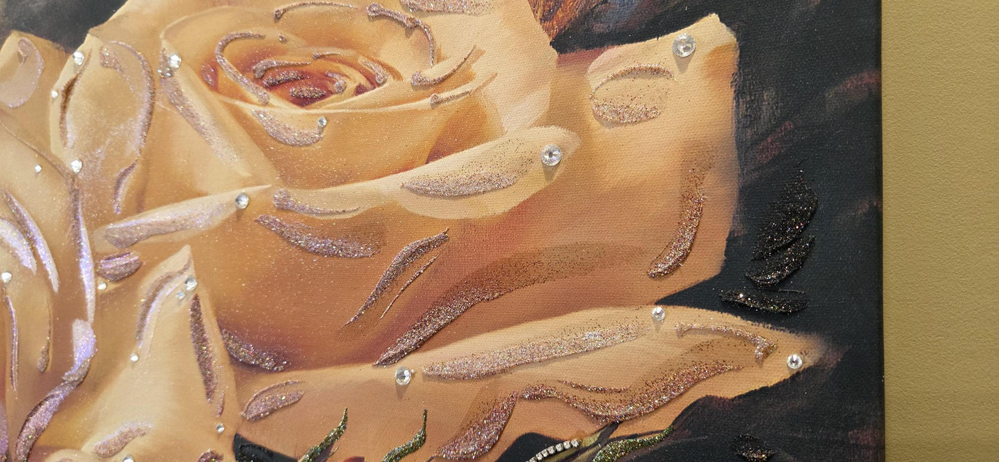 Quadro personalizzabile Rose su Tela – Pittura Fatta a Mano con Swarovski e Glitter | Arredo casa/ufficio Classico e Moderno