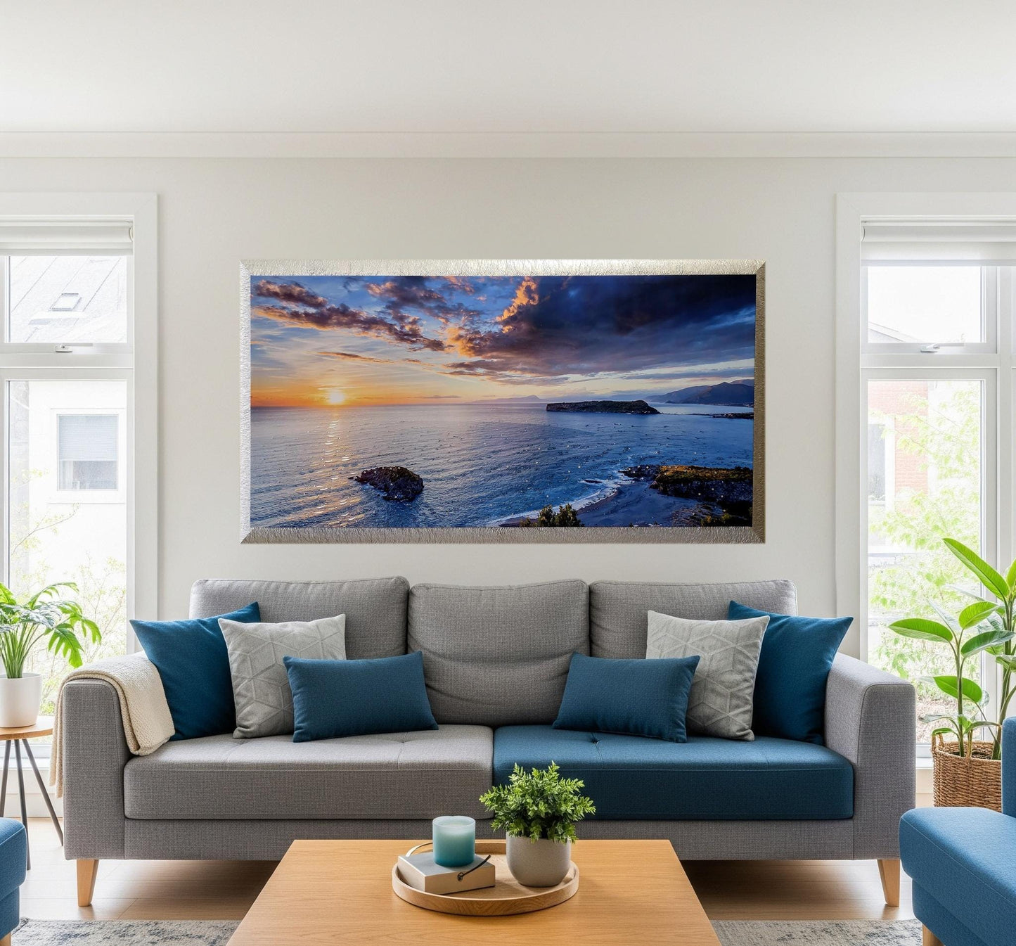 Quadro personalizzabile Mare su Tela con cornice decapè argento – Fatta a Mano con Swarovski e Glitter | Arredo casa/ufficio Classico e Moderno