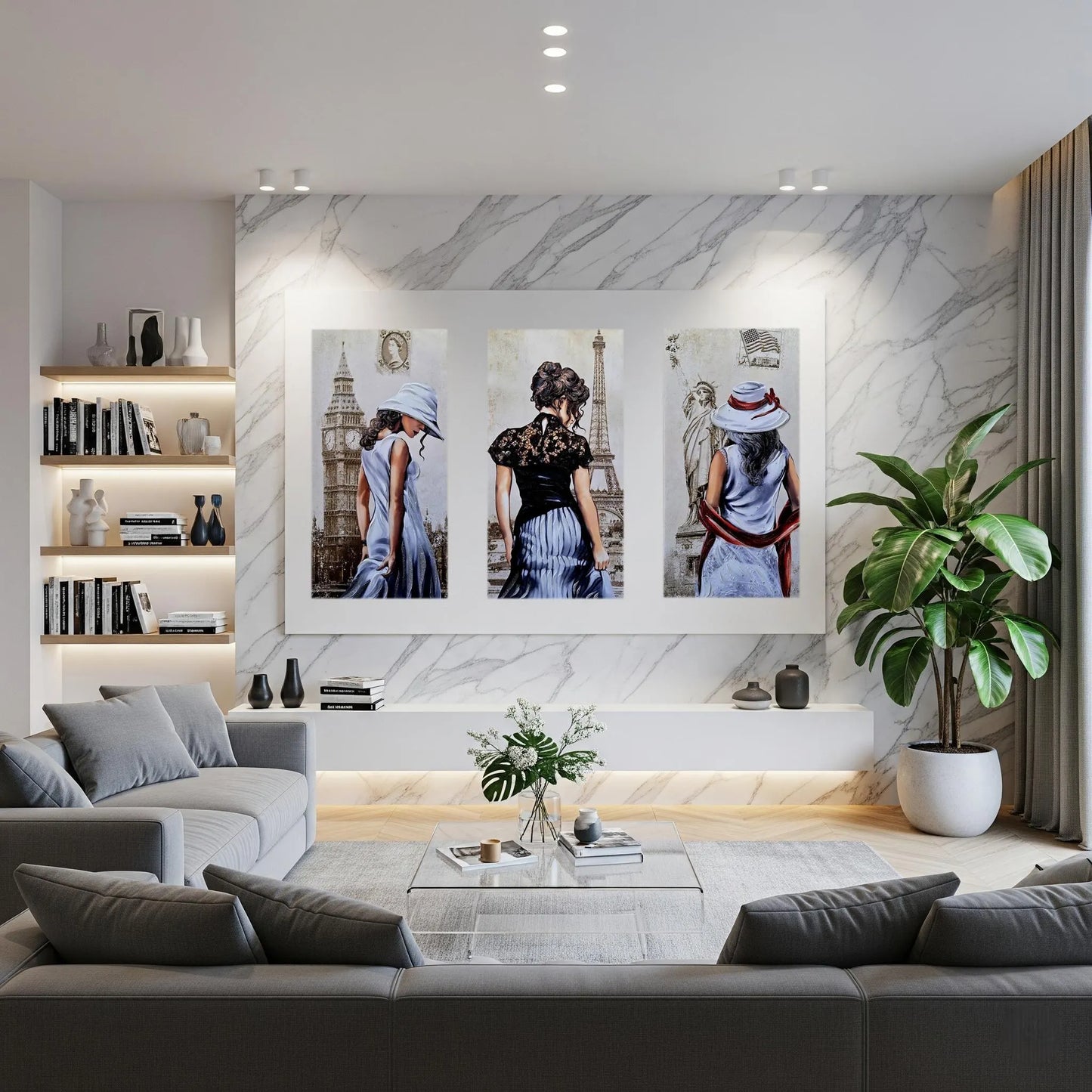 Quadro Trittico Donne 3 Pezzi – Stampa su Tela Fatta a Mano con Effetto Pittura, Swarovski e Glitter | Arredo Casa/Ufficio Moderno/Classico