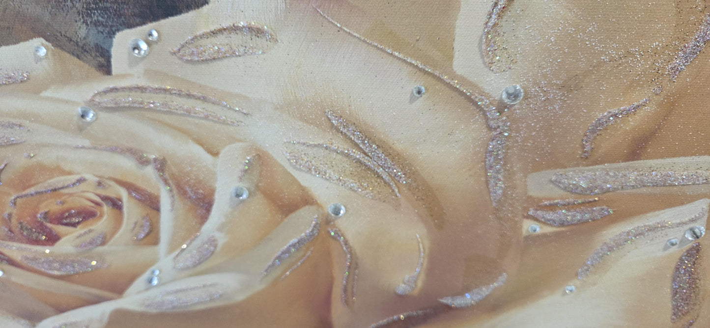 Quadro personalizzabile Rose su Tela – Pittura Fatta a Mano con Swarovski e Glitter | Arredo casa/ufficio Classico e Moderno